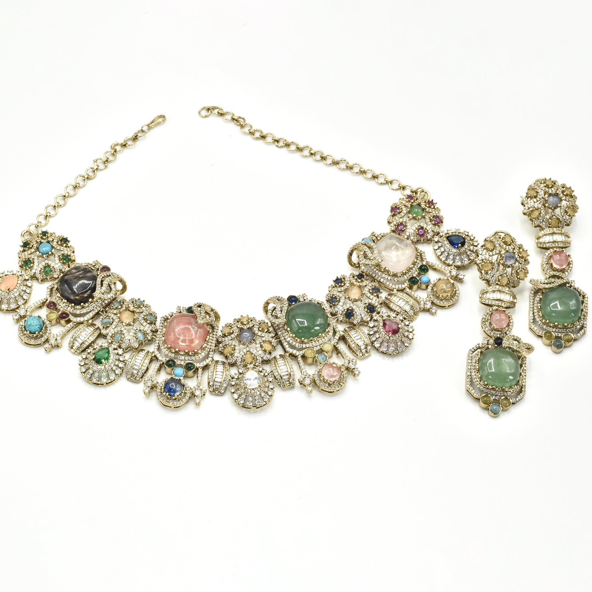 Meera Royal Treasure Multicolor Cabochon Necklace Set with earrings - The Pashm