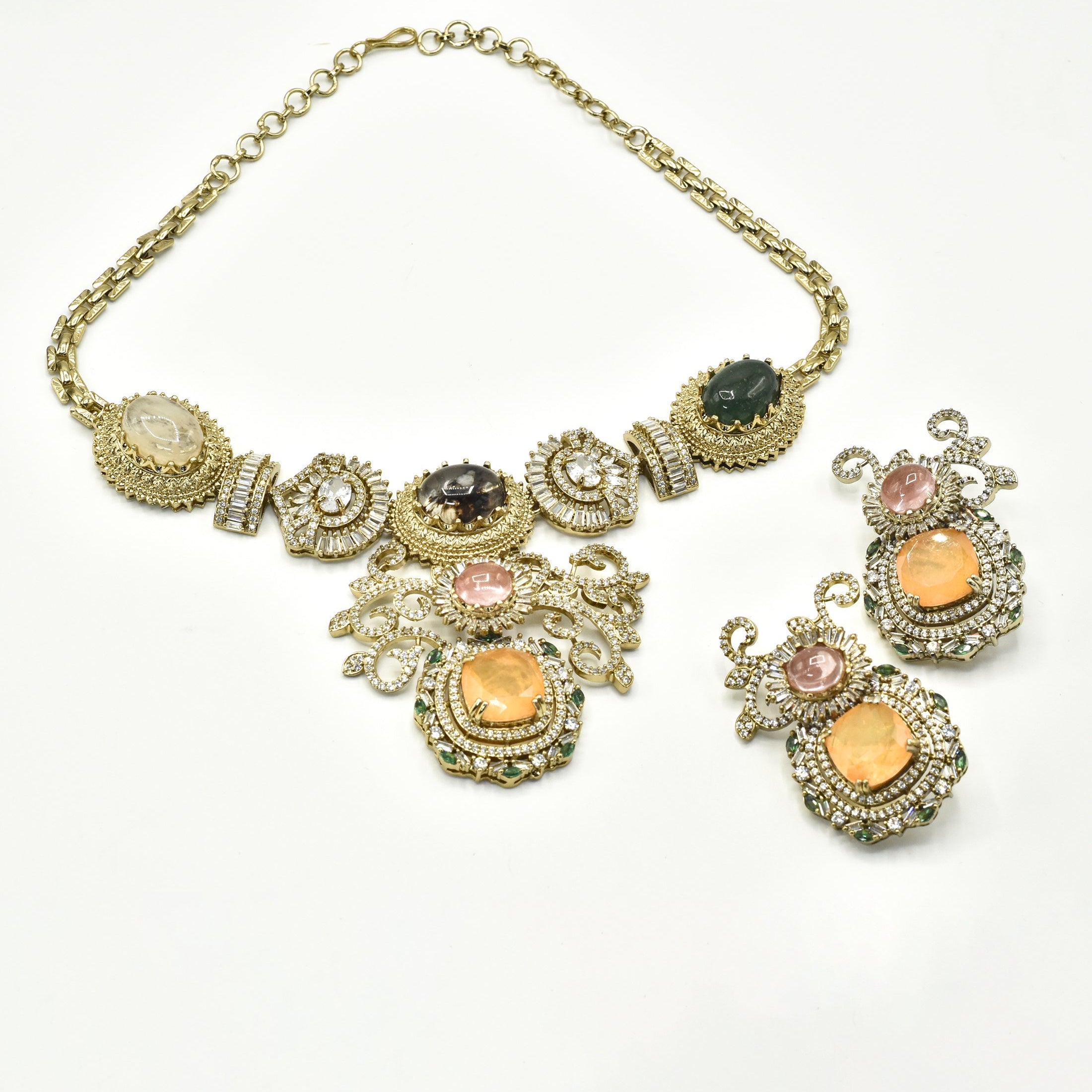 Chandrika Amber Garden Cabochon Statement Choker with earrings - The Pashm