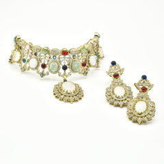 Jivika Navratan Garden Cabochon Pendant Choker with earrings - The pashm