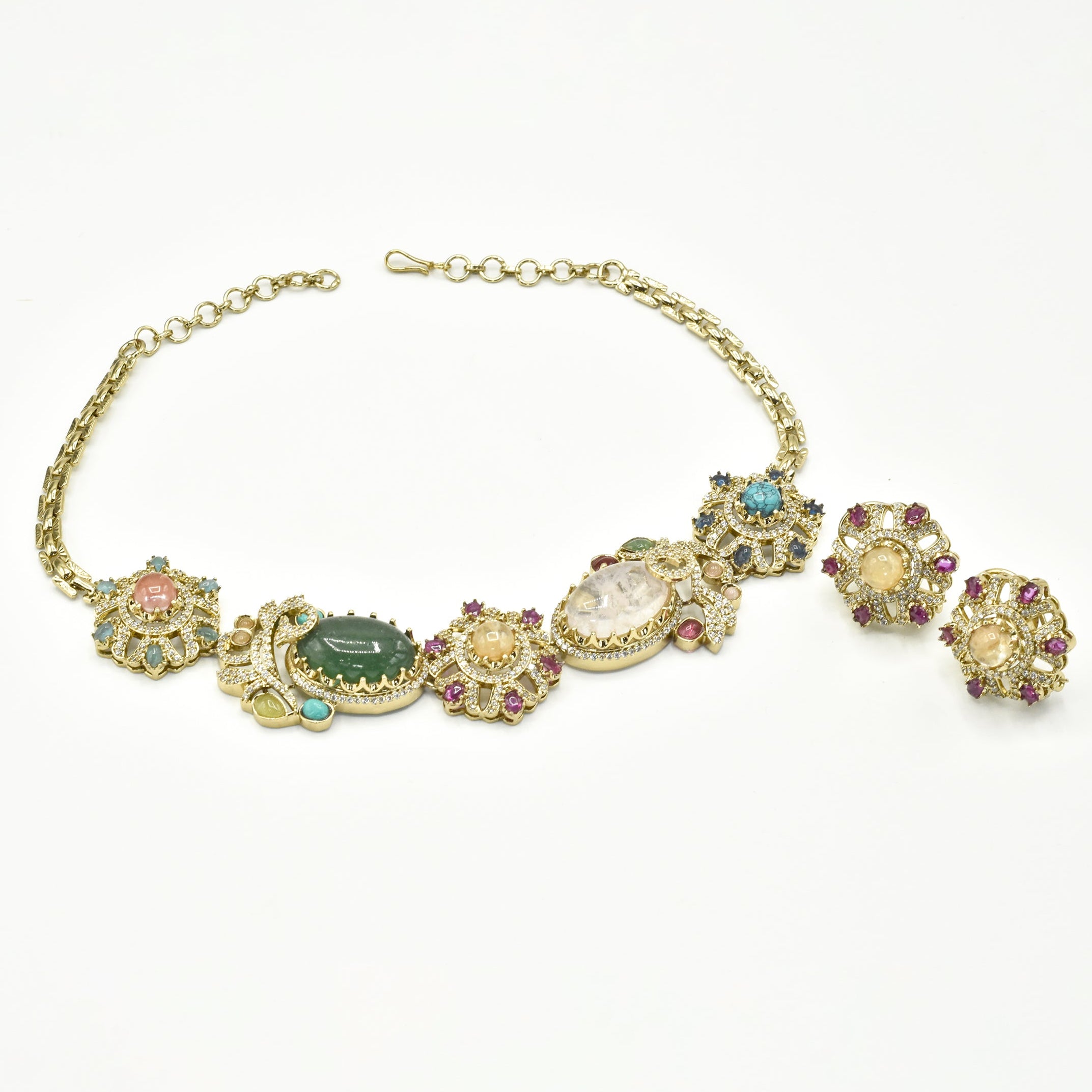 Maham Sage & Honey Multicolor Statement Necklace Set with Earrings - The pashm