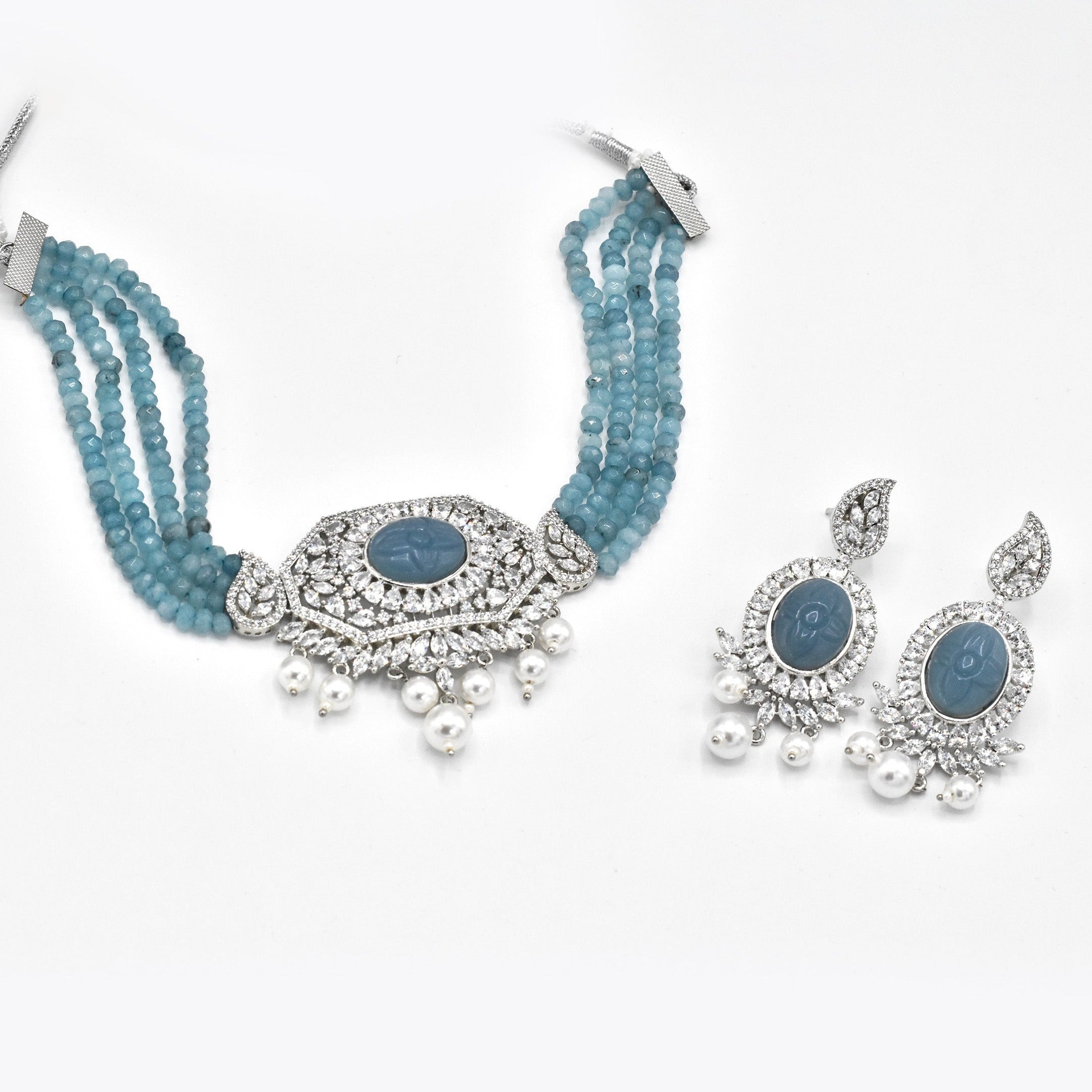 Doreen American Diamond Choker Set - Blue - The Pashm