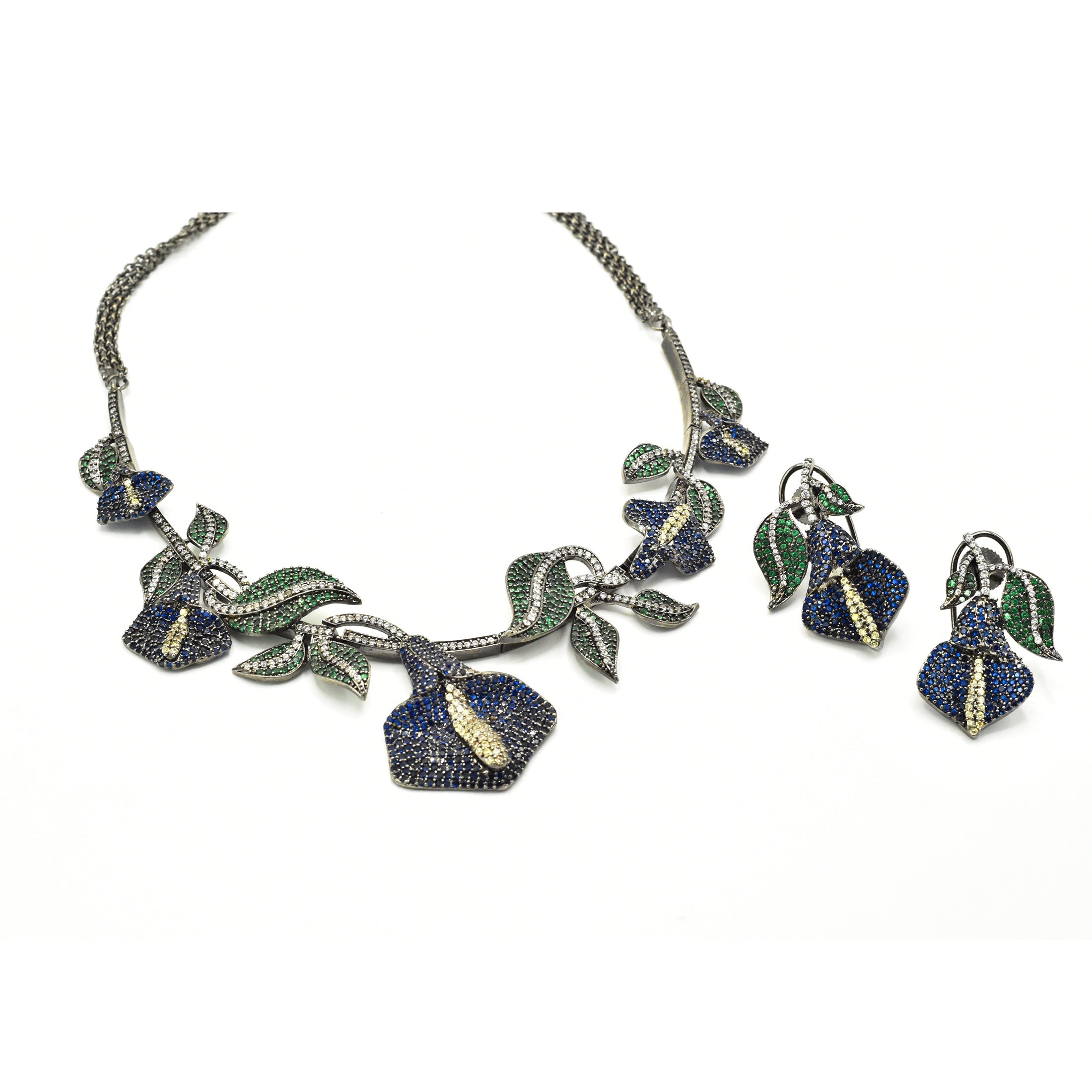 Azure Bloom Sapphire & Emerald Statement Necklace Set - The Pashm