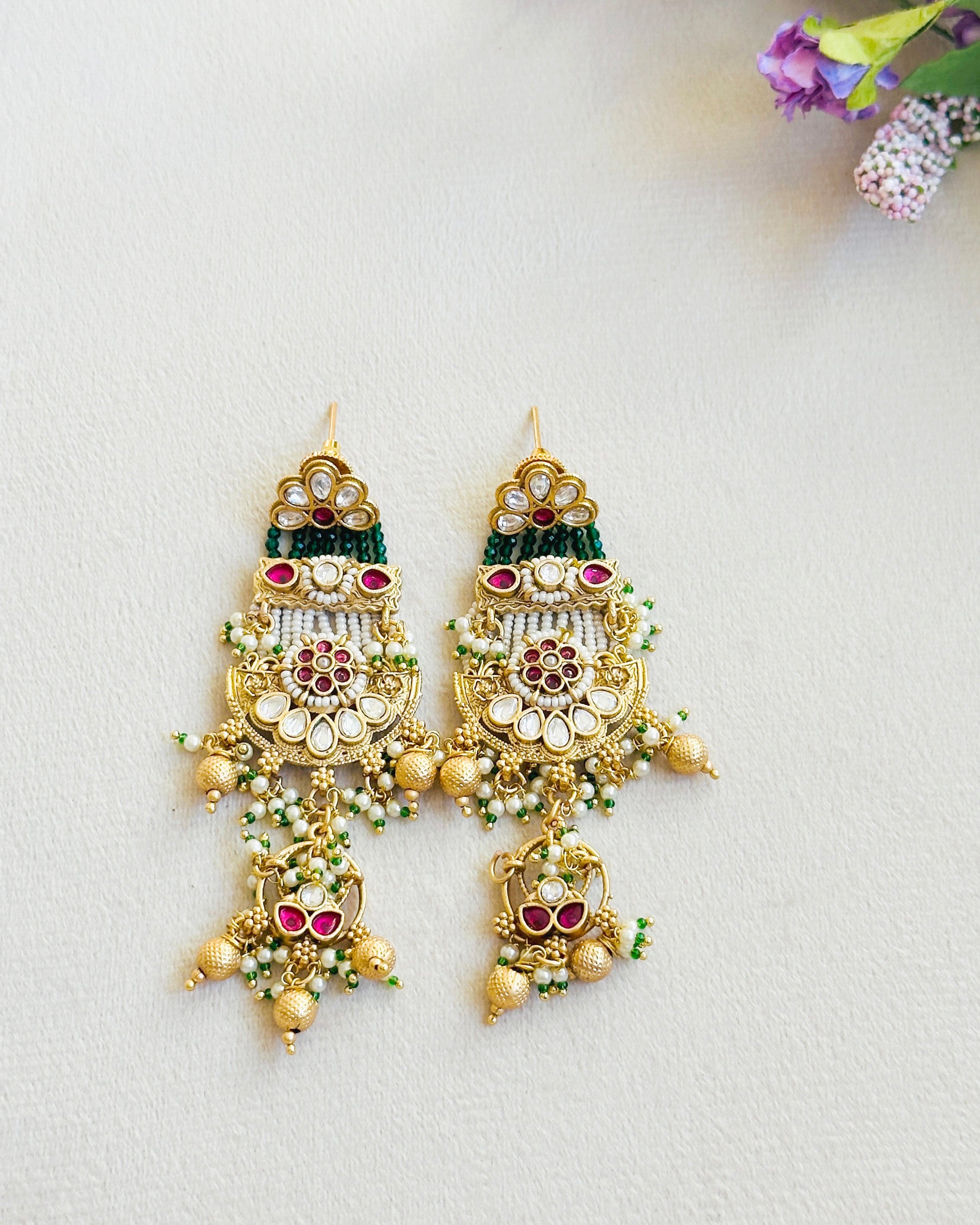 Ruhani Temple Polki Long Earrings - The Pashm