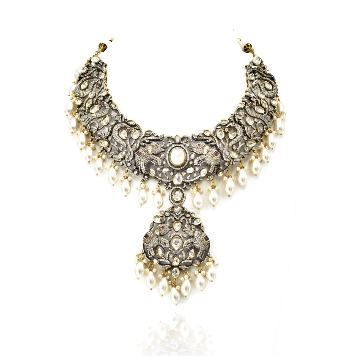 Damini Studded Antique Finish Elephant Necklace White - The Pashm