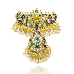 Ishwari Multicolor Polki Choker with Yellow Drop Tassels - The pashm