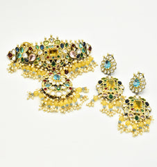 Ishwari Multicolor Polki Choker with Yellow Drop Tassels - The pashm