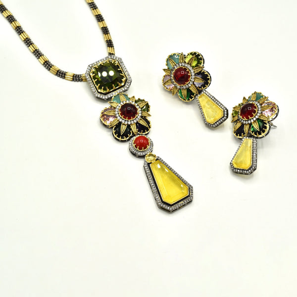 Ridda Multicolor Crystal Flower Pendant Set yellow - The Pashm