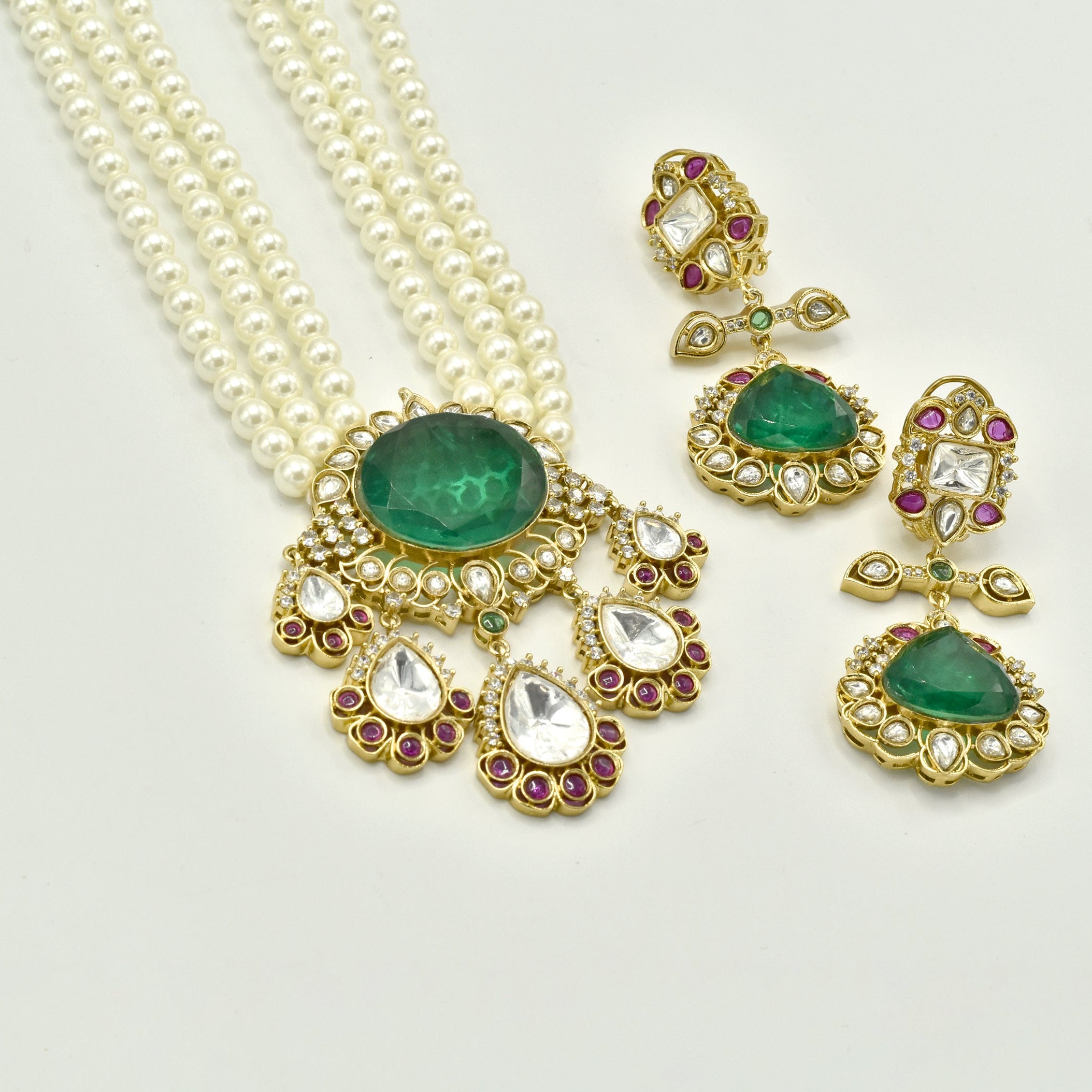 Nilma Pearl String Moissanite Crystal Necklace Set - The Pashm