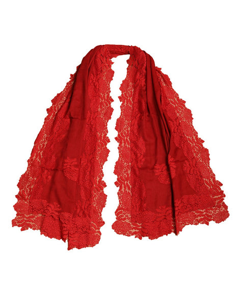 French Chantilly Lace Cashmere Wrap Red - The Pashm