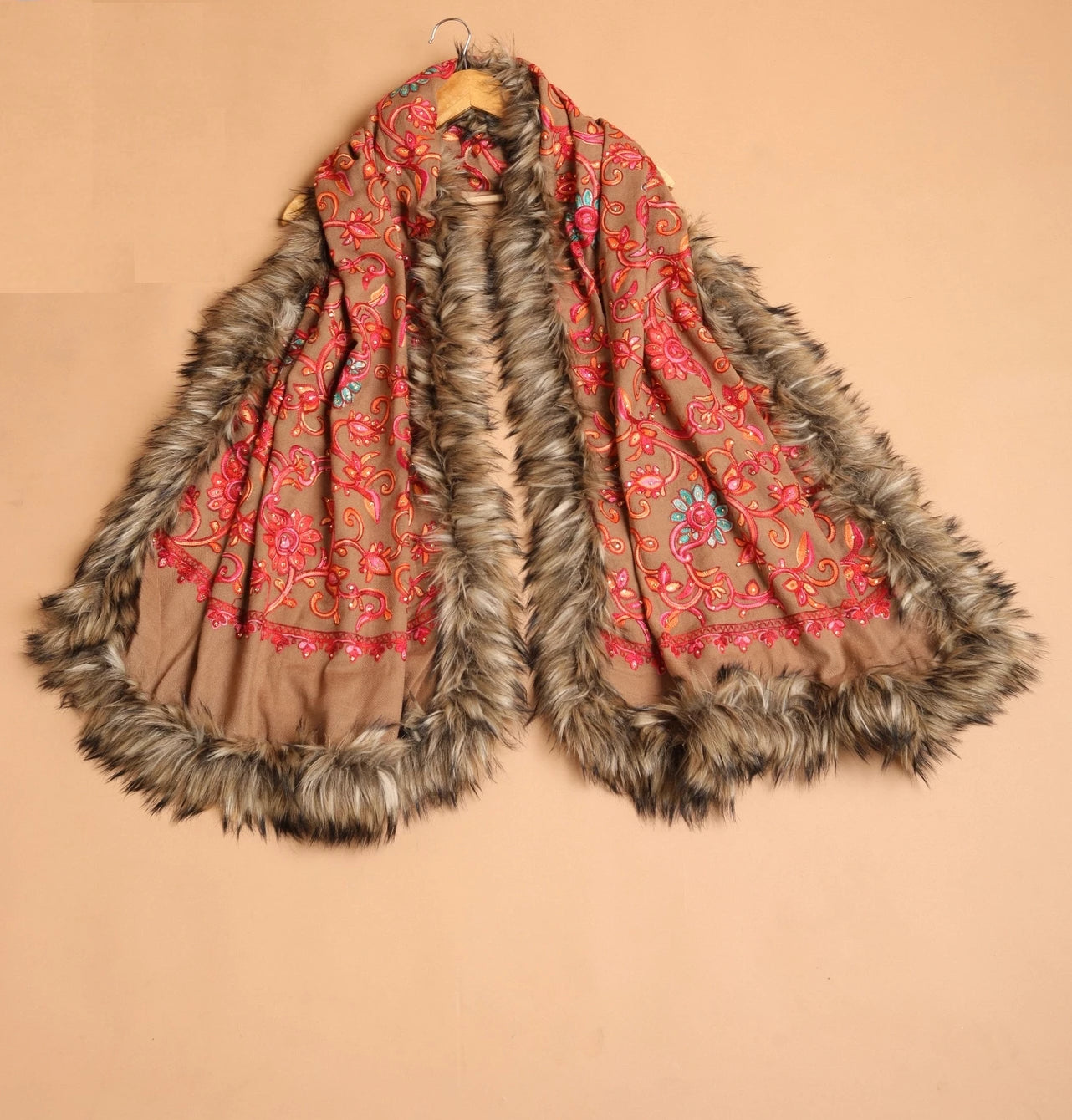 Embellished Embroidery Faux Fur Pashmina Shawl - The Pashm