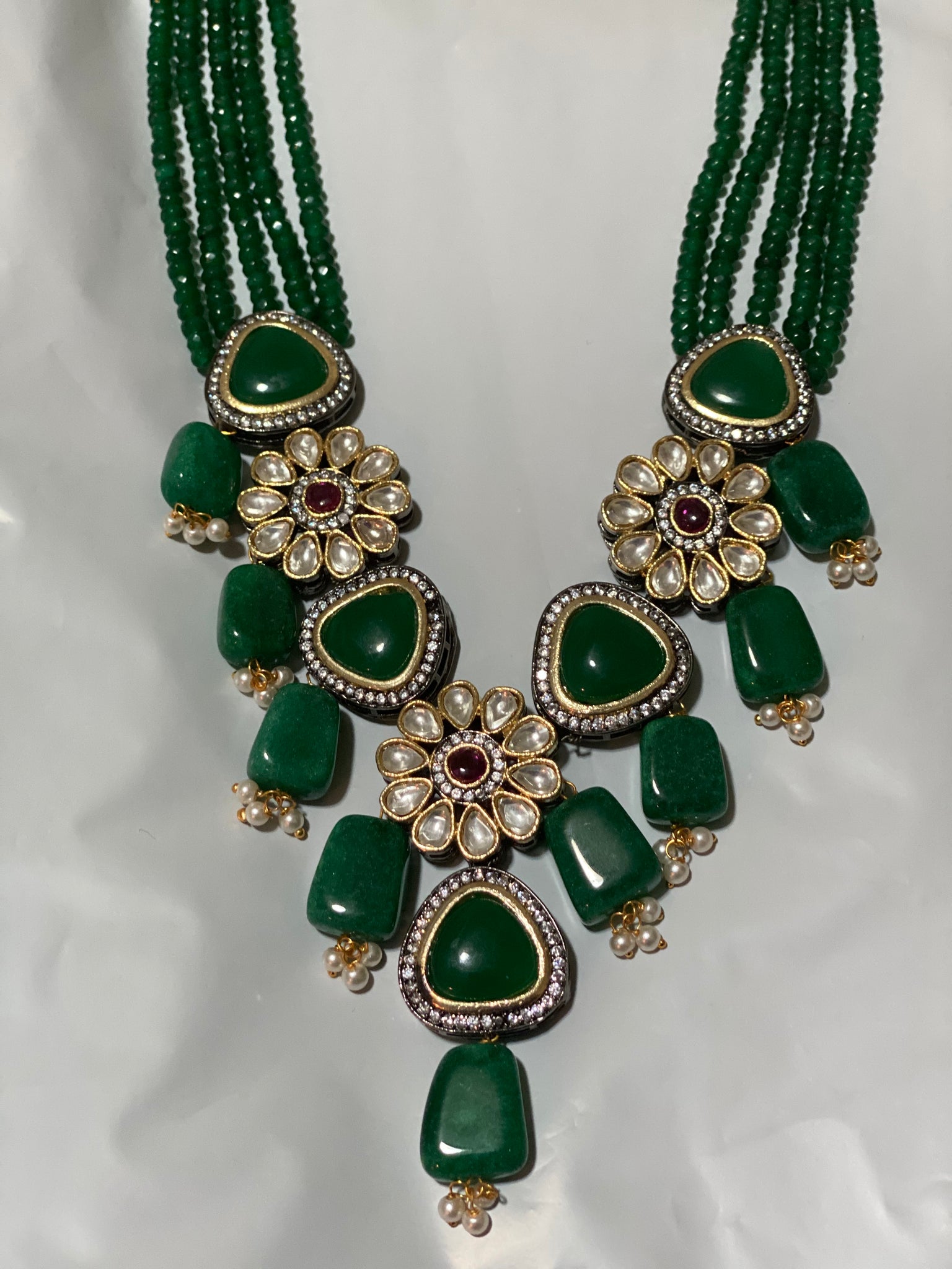 Green Kundan Stone Bead Necklace Set