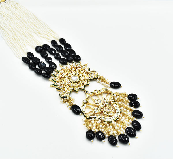 Uzma Kundan Pearl Black Stones Necklace Set - The pashm