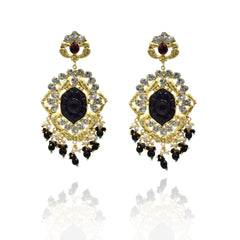 Shobana Jadau Carved Stone Earrings Black - The Pashm