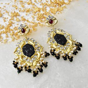 Shobana Jadau Carved Stone Earrings Black - The Pashm