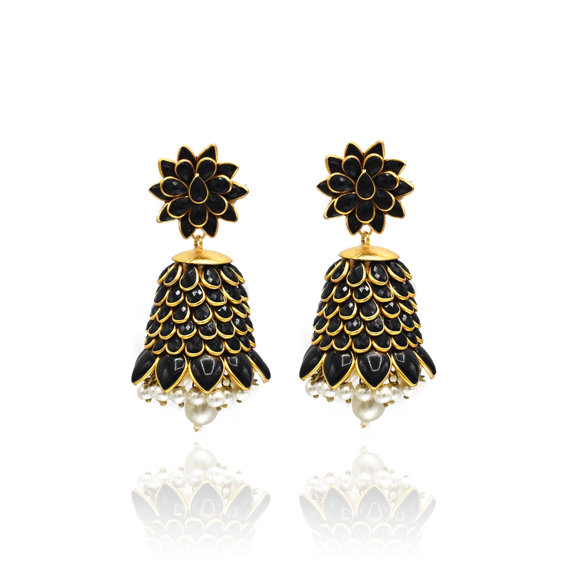 Alia Flower Jhumka Earrings - Black - The Pashm