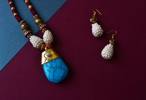 Turquoise Stone Pearl Pendant Set - The Pashm