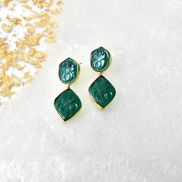 Raghvi Handmade Carved Stone Earrings Green - The Pashm