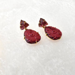 Sneha Handmade Carved Stone Earrings Red - The pashm