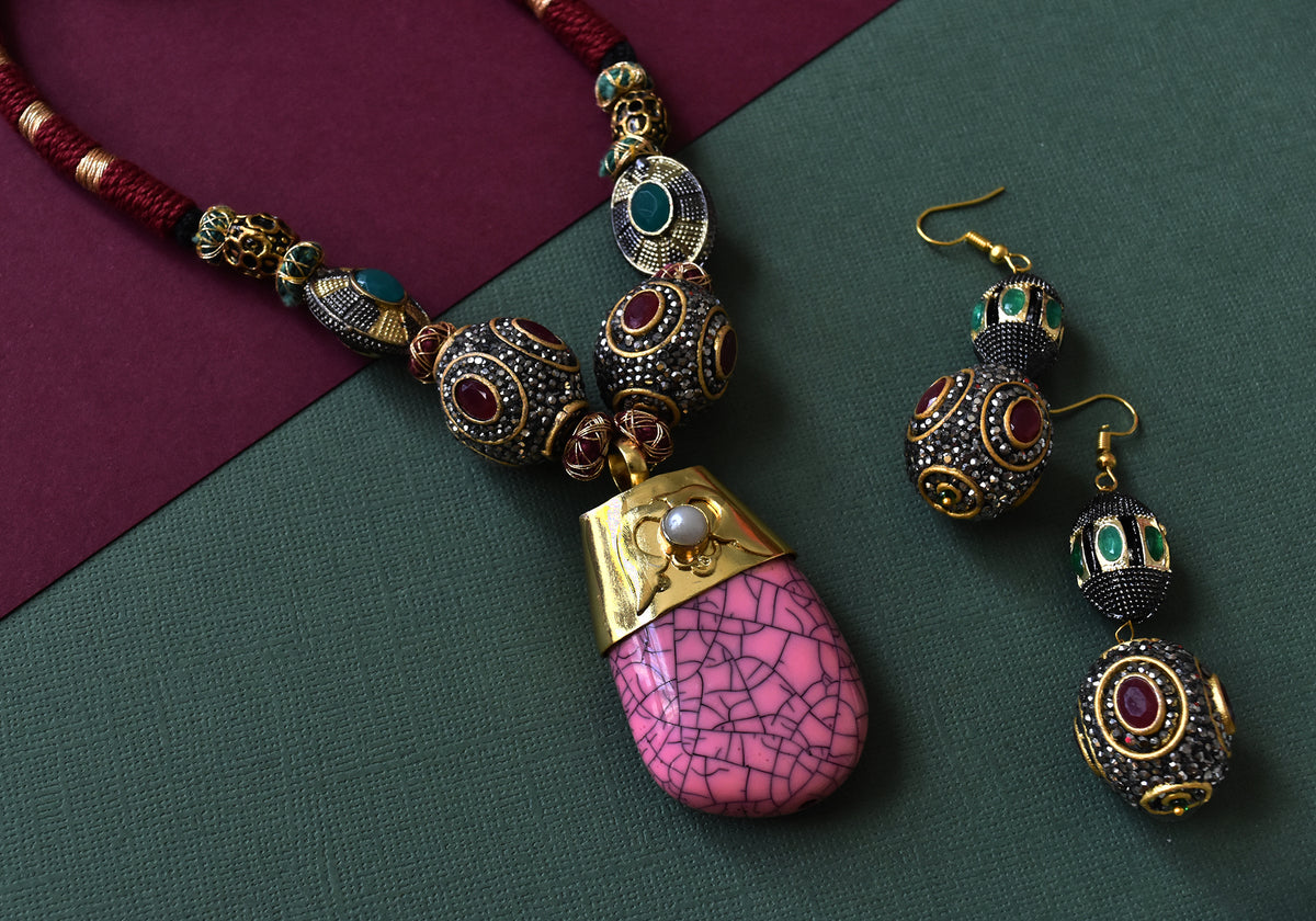 Pink Large Stone Pendant Set - The Pashm