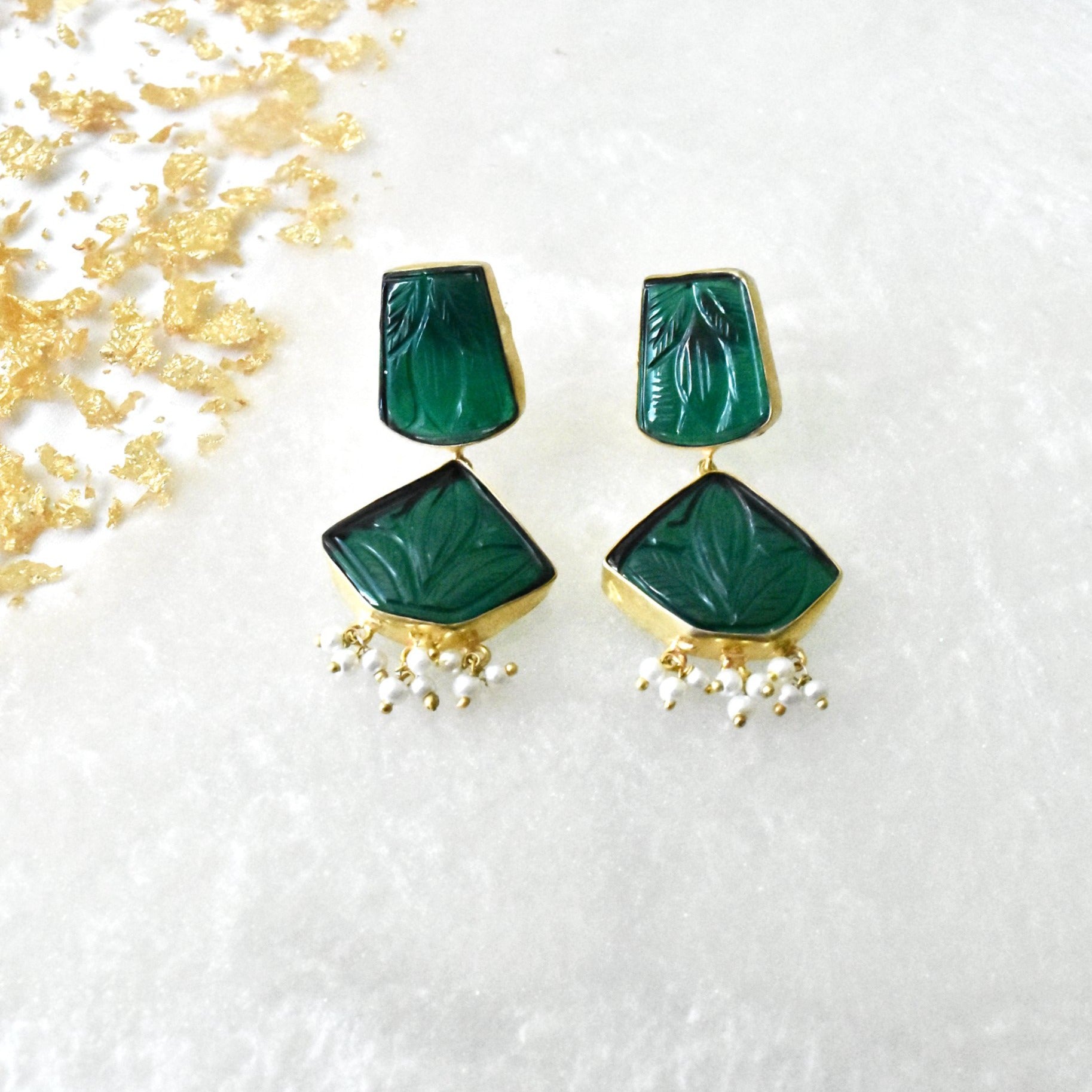 Krisha Handmade Carved Stone Earrings Green - The Pashm