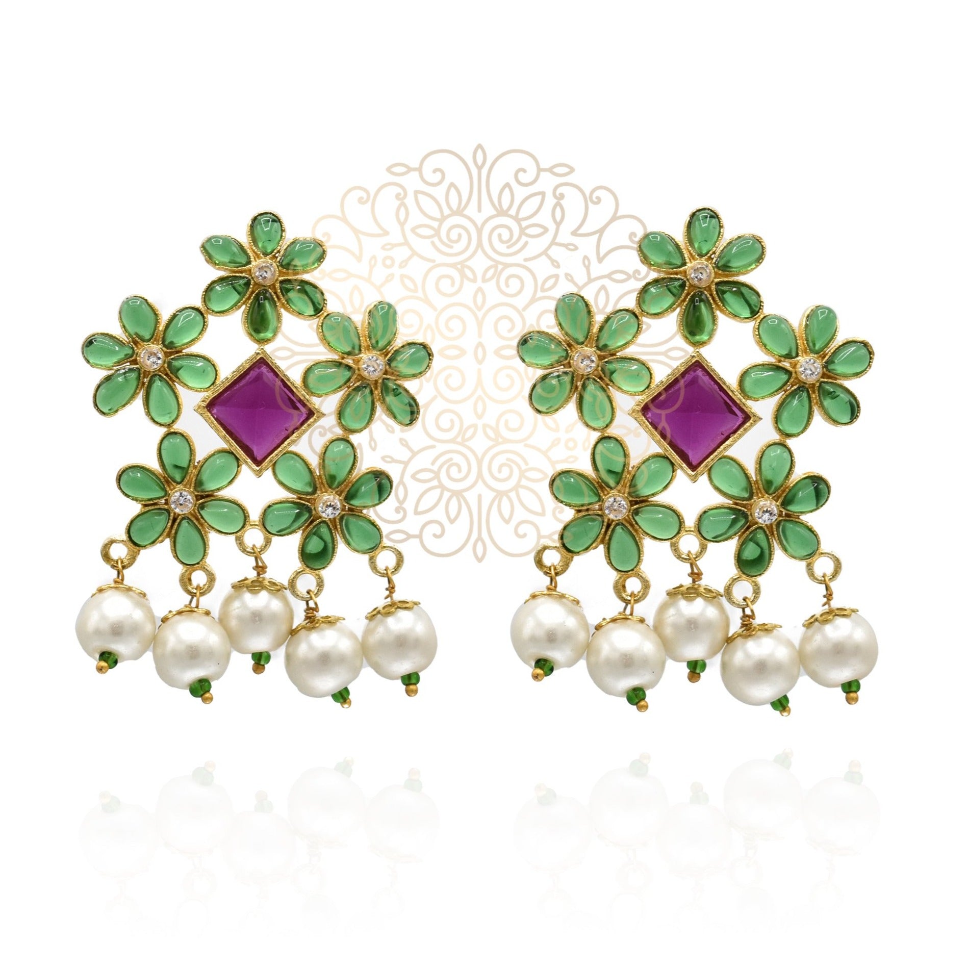 Zenia Flower Studded Bouquet Studs Green - The Pashm