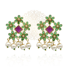 Zenia Flower Studded Bouquet Studs Green - The Pashm