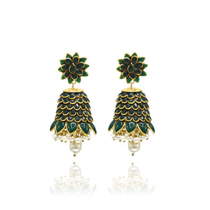Alia Flower Jhumka Earrings - Green - The Pashm