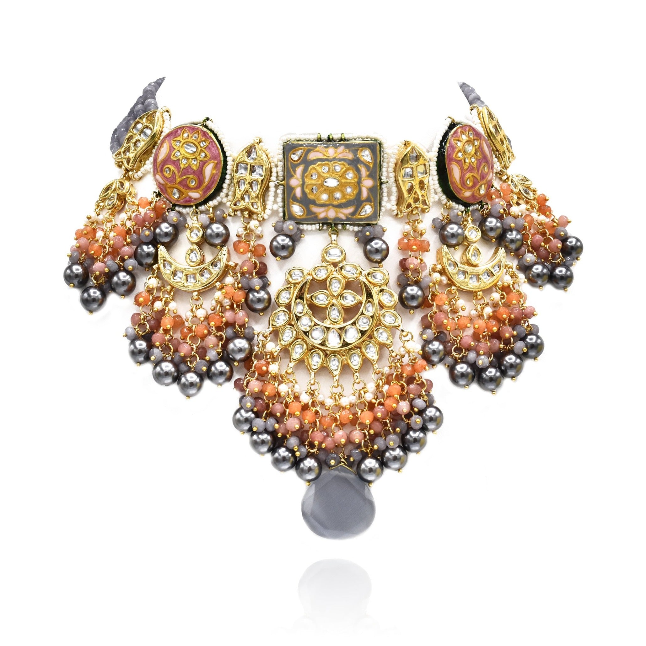 Shubali Grey Orange Lac Necklace Set - The Pashm