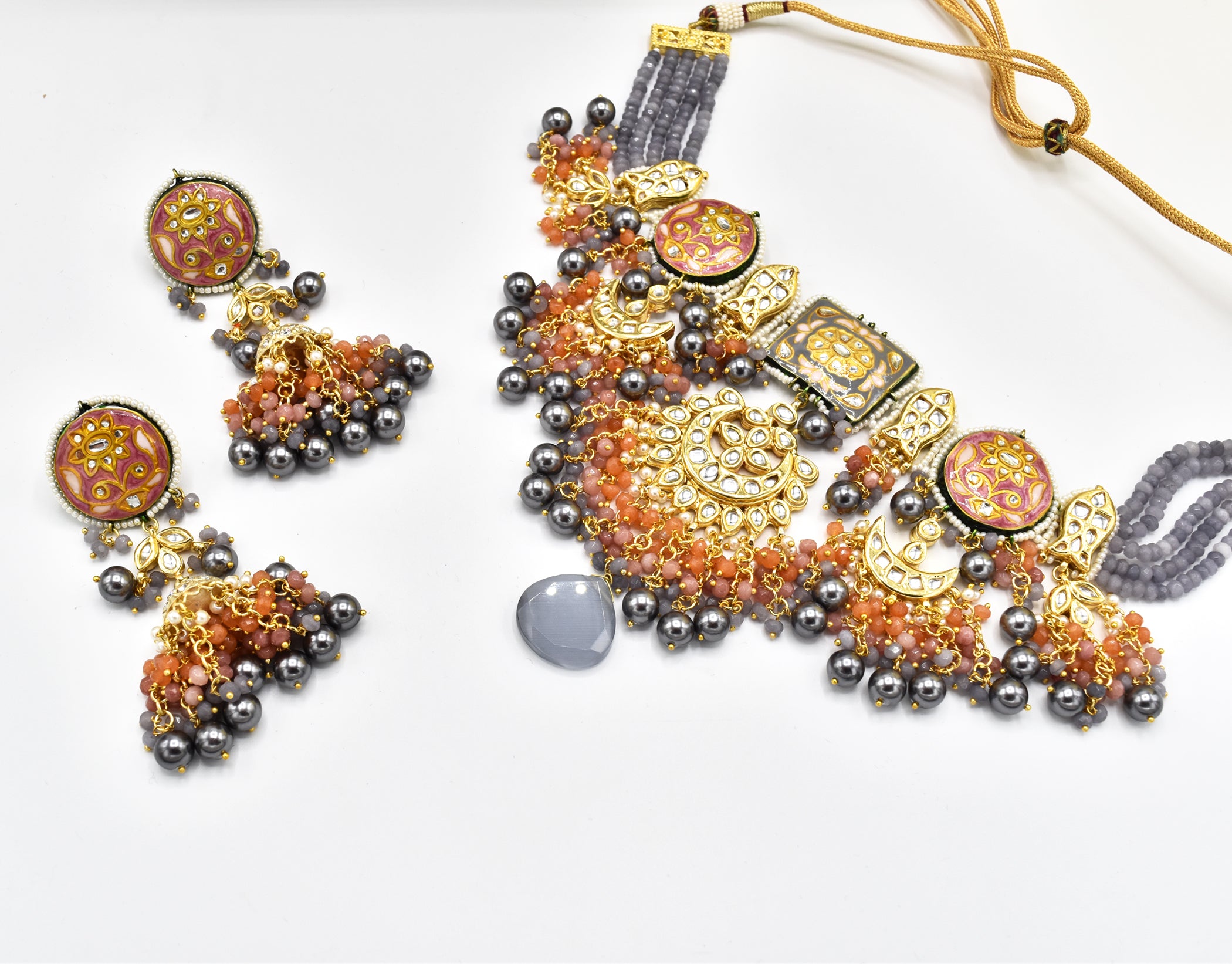 Shubali Grey Orange Lac Necklace Set - The Pashm