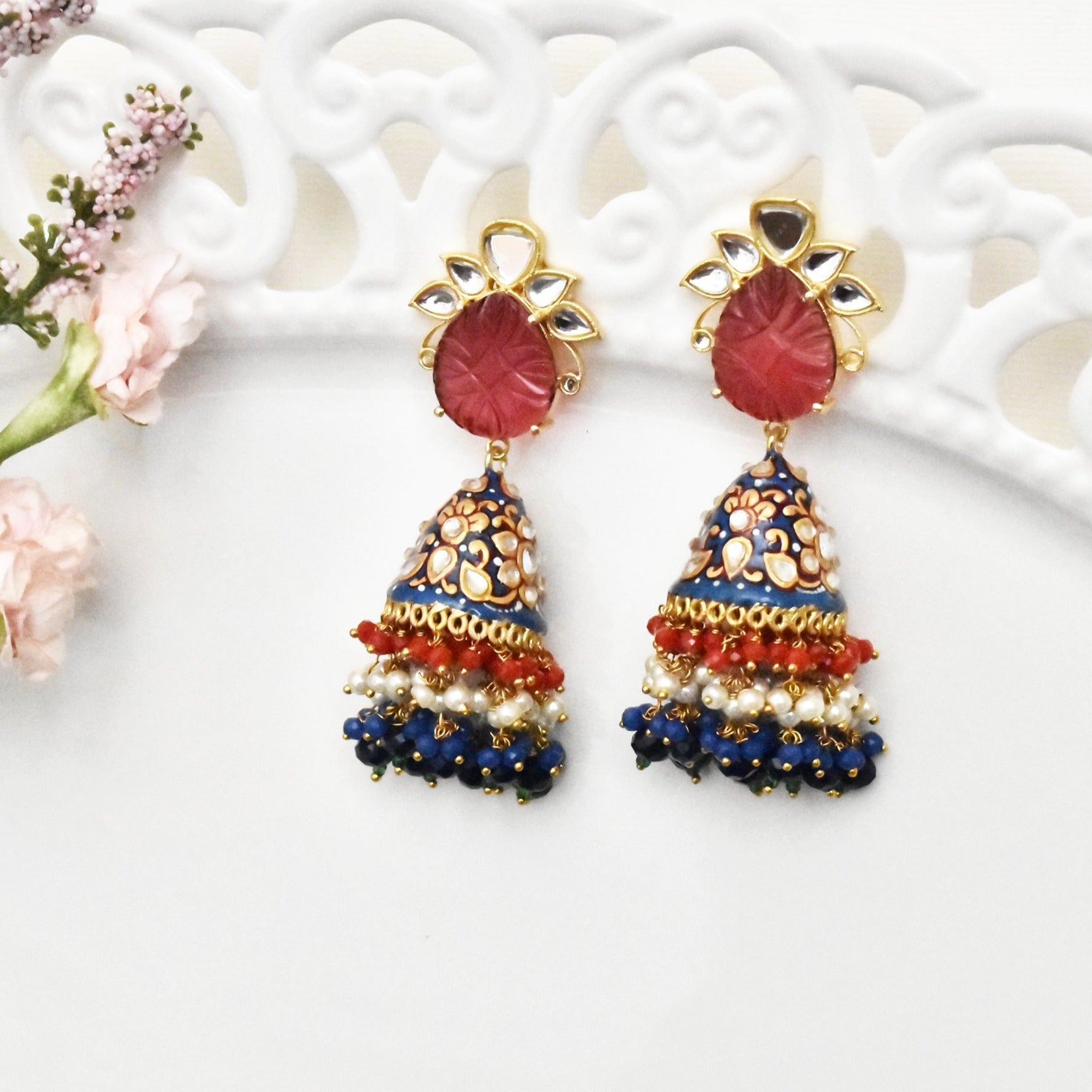 Bushra Meenakari Carved Stone Earrings Blue - The Pashm