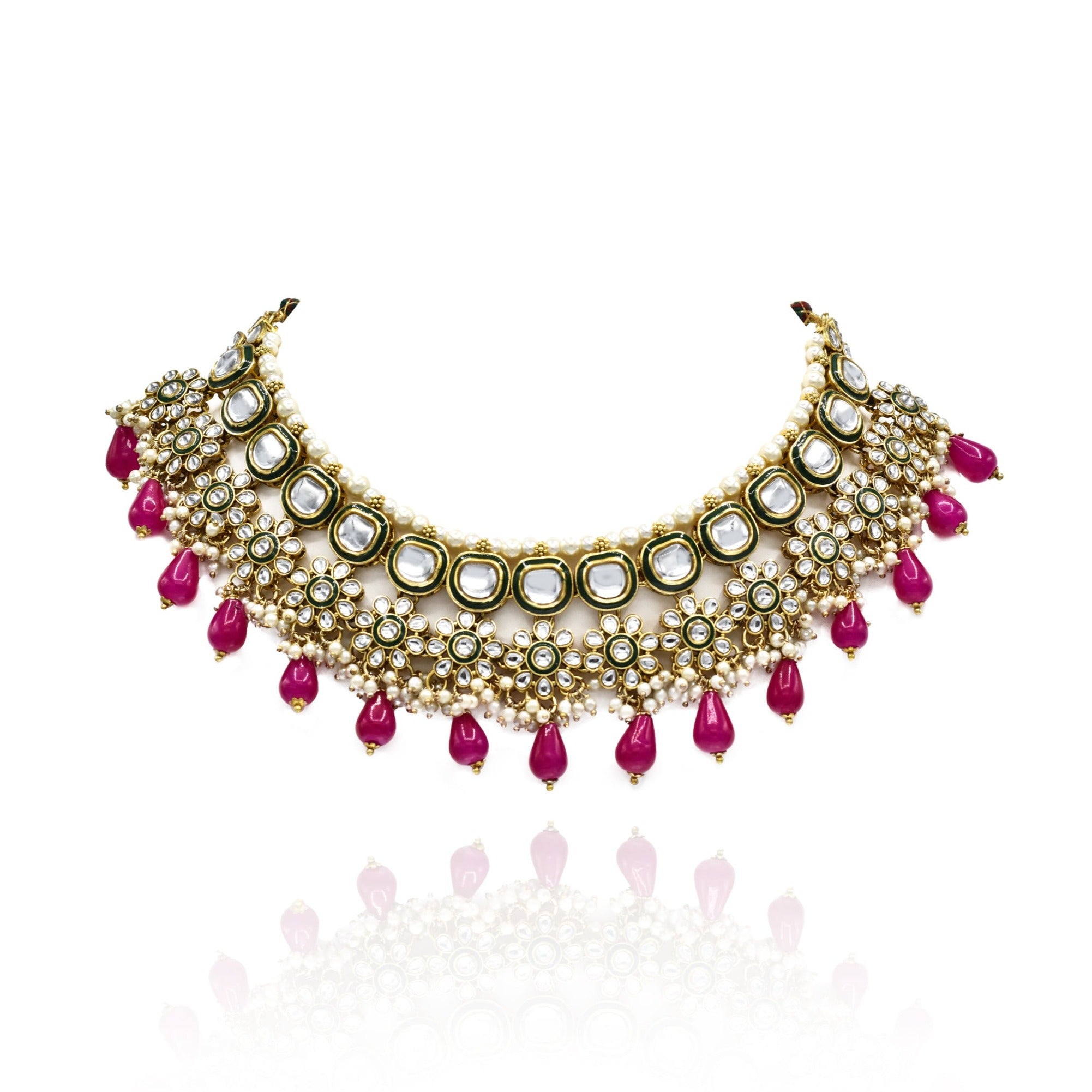 Nusrat Mirror Pearl Necklace Set - Pink - The Pashm