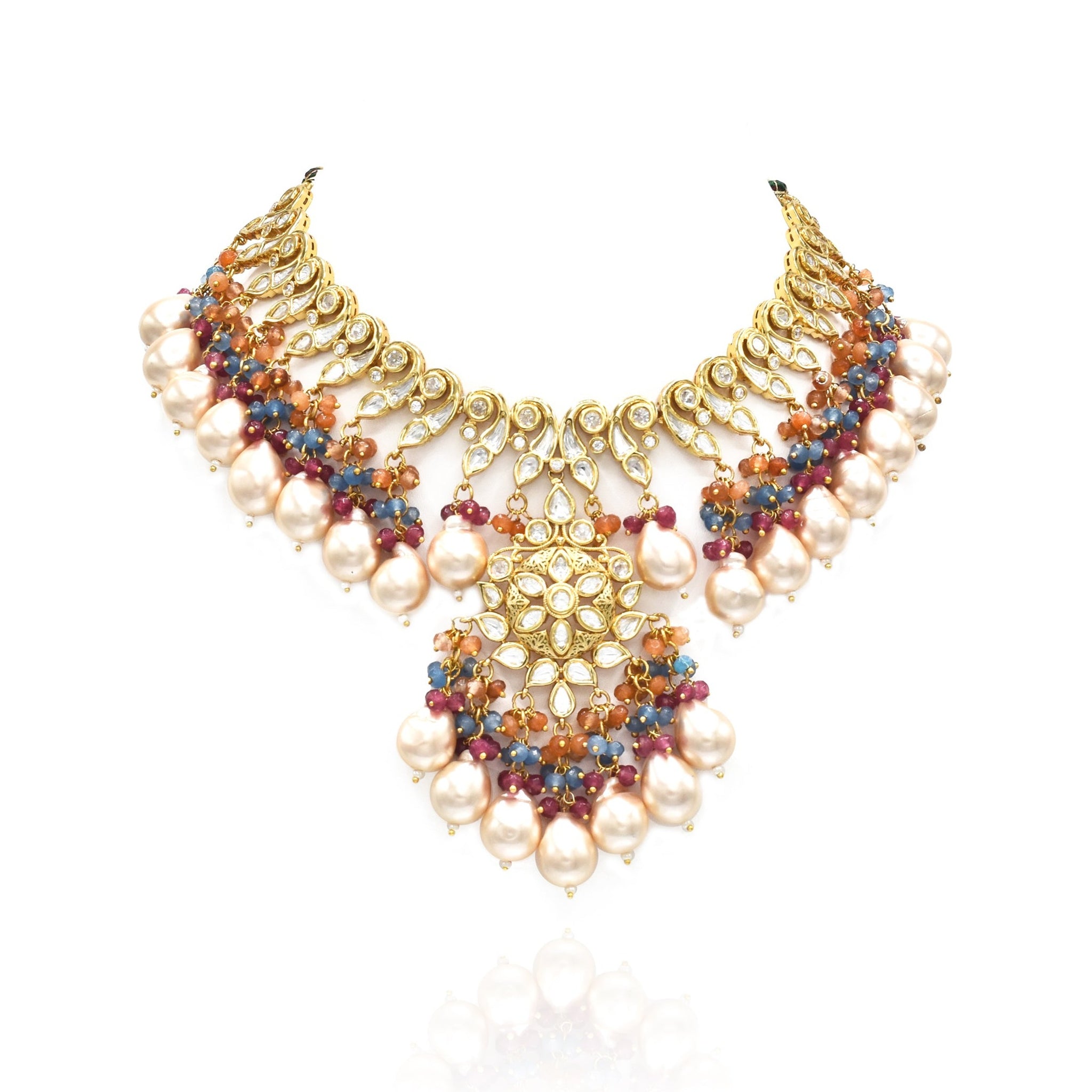 Afrin Multicolor Baroque Kundan Polki Necklace Set - Pearl
