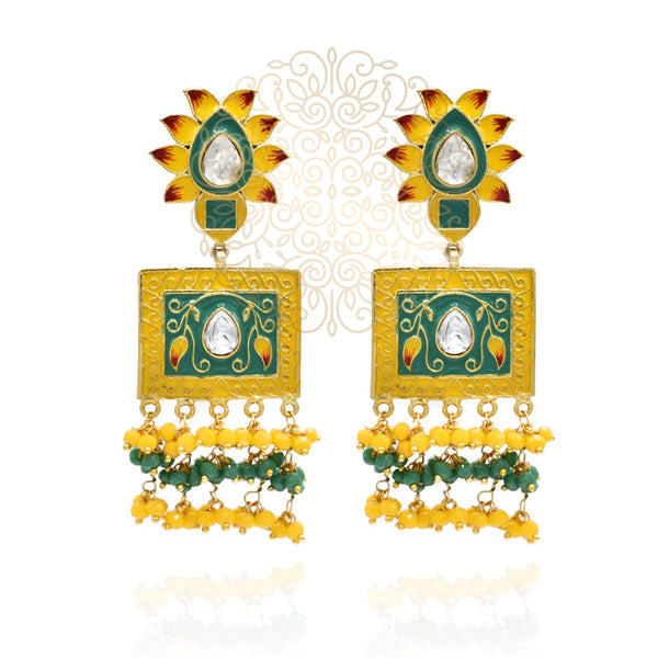 Lotus Meenakari Earrings Yellow Green - The Pashm