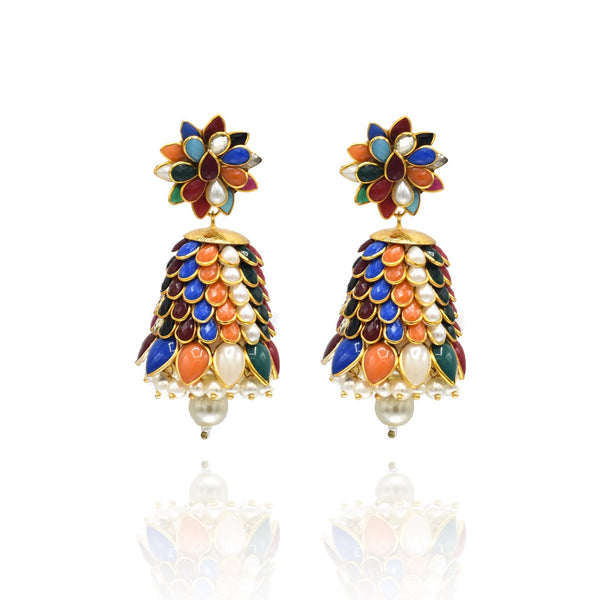 Alia Flower Jhumka Earrings - Multicolor - The Pashm