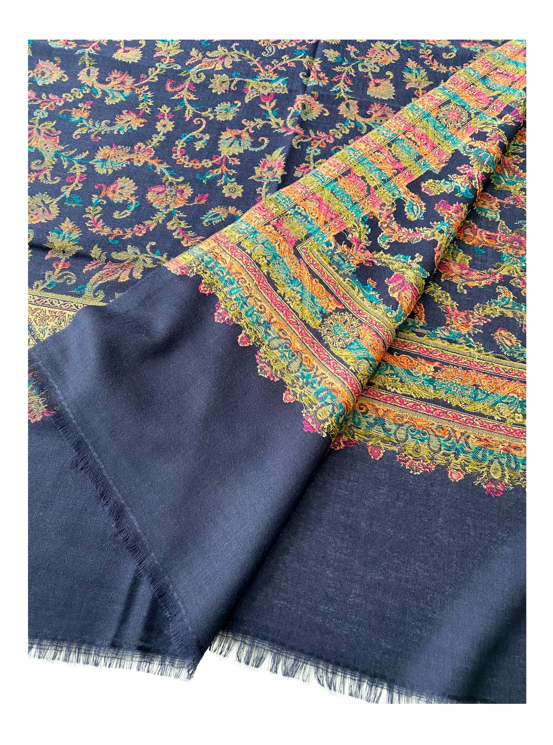Pure Wool Colorful Kani Shawl Navy Blue - The Pashm
