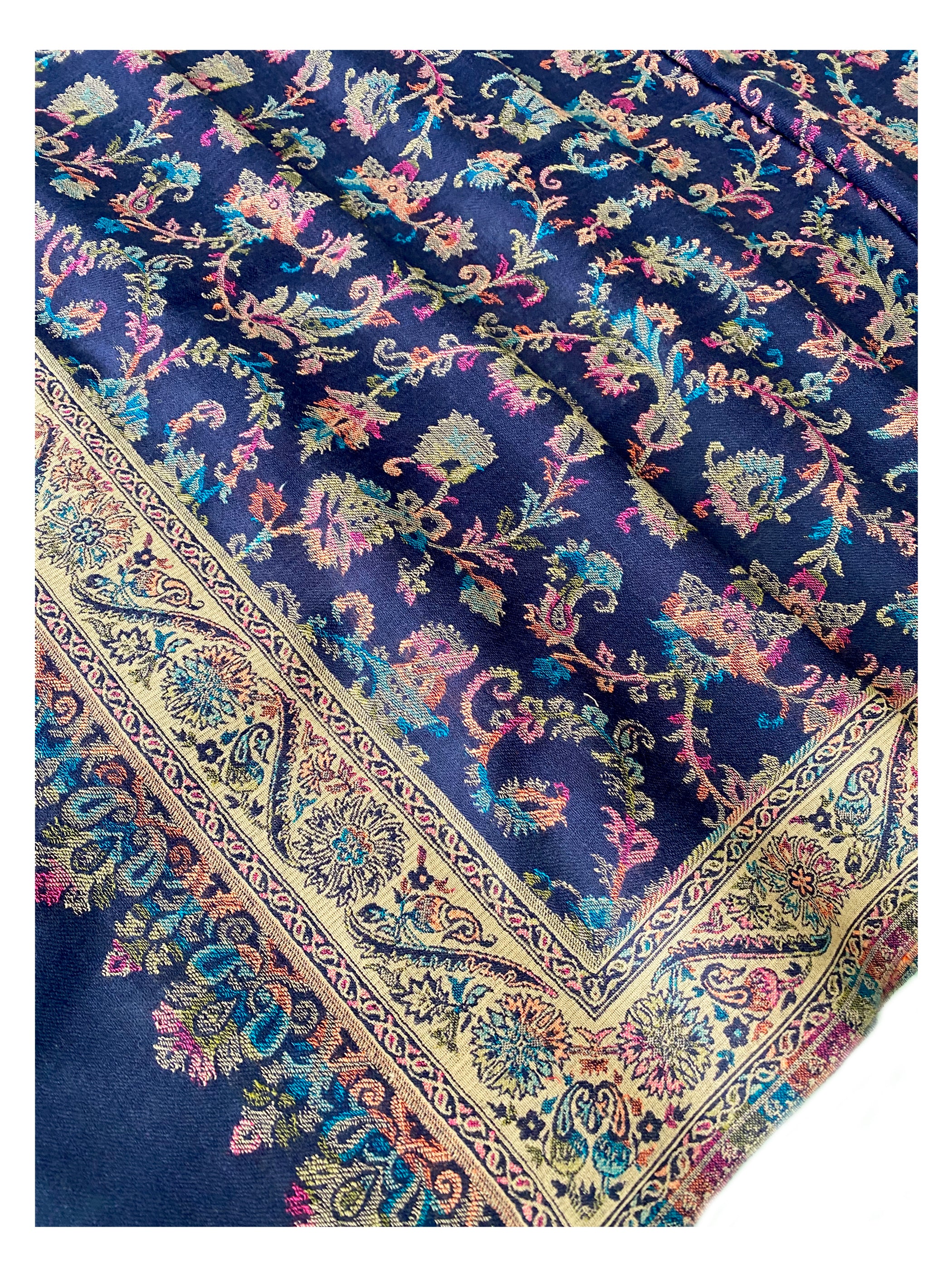 Pure Wool Colorful Kani Shawl Navy Blue - The Pashm