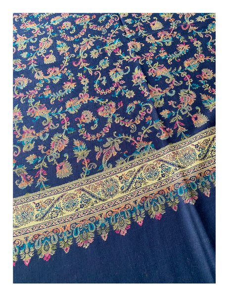 Pure Wool Colorful Kani Shawl Navy Blue - The Pashm