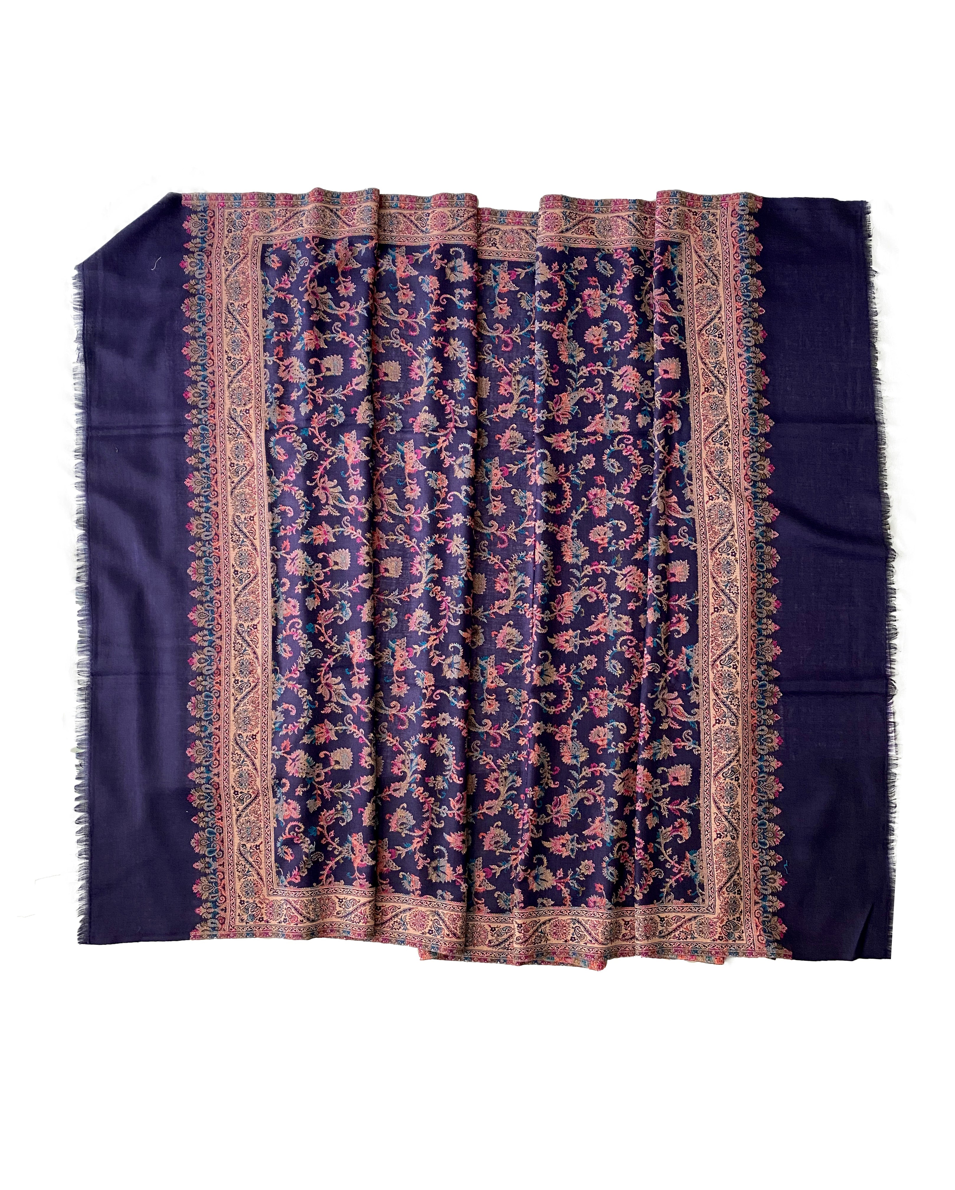 Pure Wool Colorful Kani Shawl Navy Blue - The Pashm