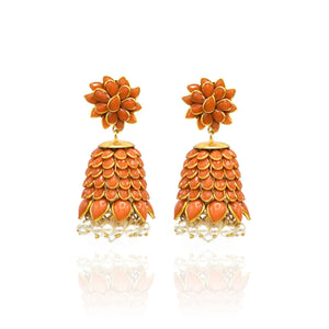 Alia Flower Jhumka Earrings - Orange - The pashm