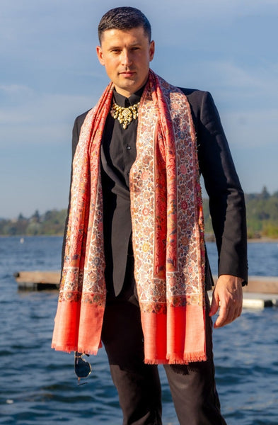 Floral Weave Kani Shawl Peach Coral Pink- The Pashm