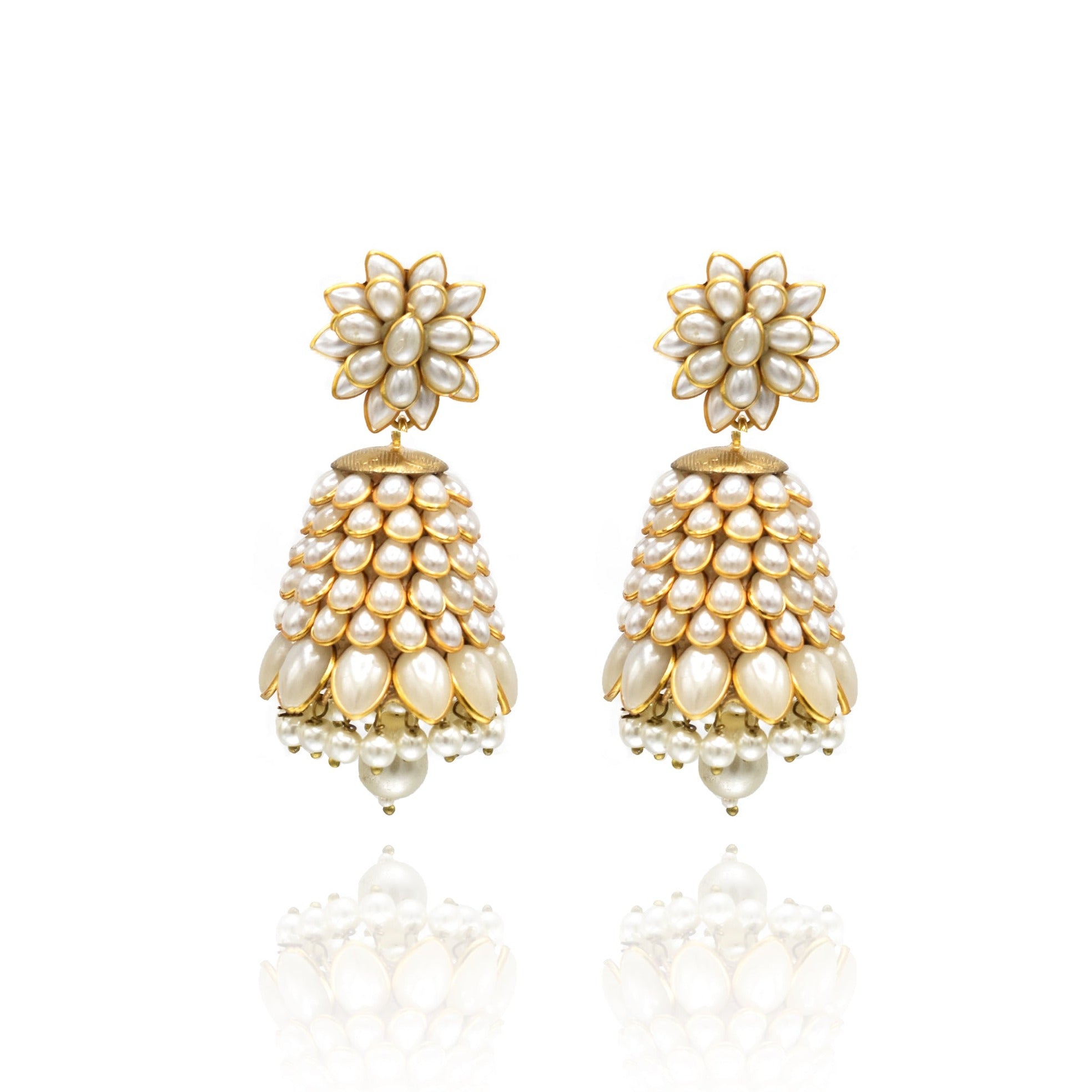 Alia Flower Jhumka Earrings - Pearl - The Pashm