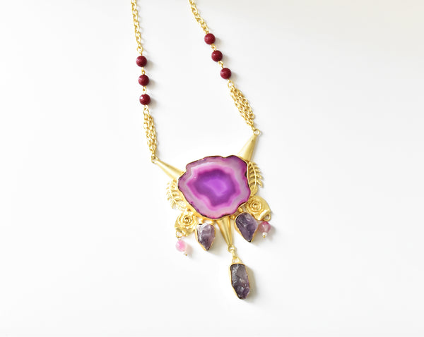 Pink Solar Sliced  Natural Stone Necklace