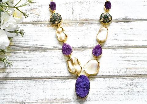 Purple Druzy Tanjore Beads Necklace - The Pashm