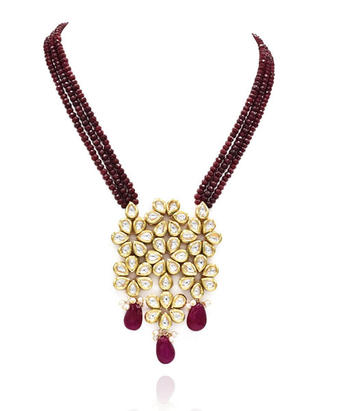 Kiran Kundan Flower Red Beaded Necklace Set - The Pashm