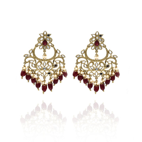 Nooran Mirror Earrings Tikka Set Red - The Pashm