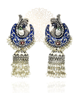 Kruttika Hand Painted Silver Earrings - Blue - The Pashm