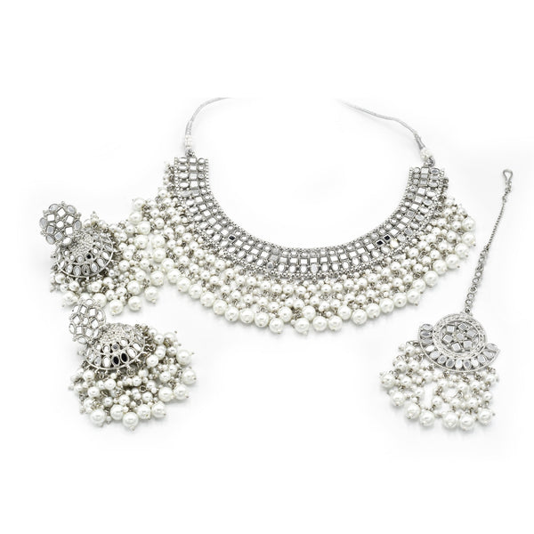 Hamida Mirror Pearl Tassel Set - Silver - The pashm