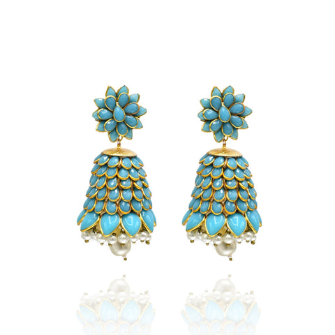Alia Flower Jhumka Earrings - Blue - the Pashm