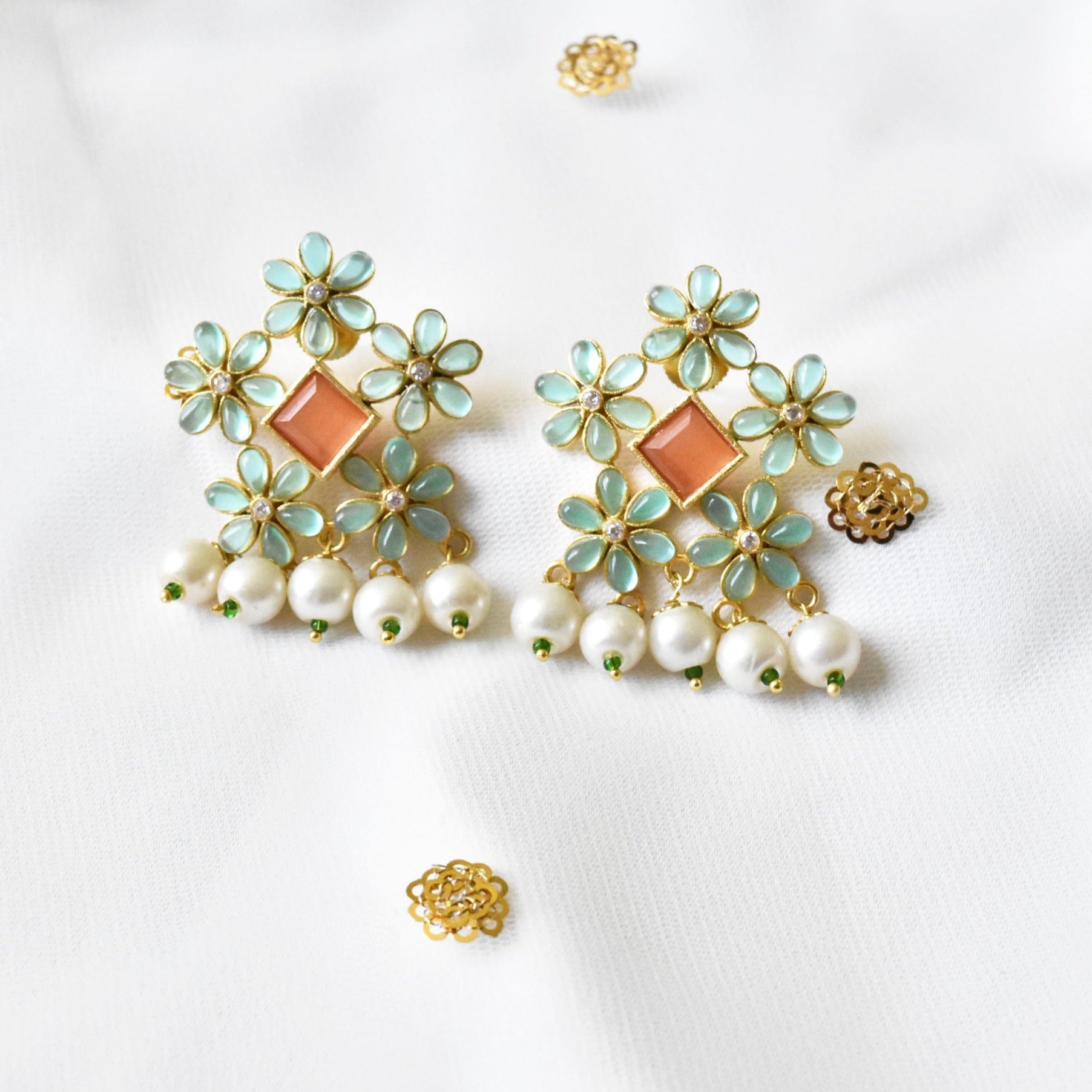 Zenia Flower Studded Bouquet Studs Cyan - The Pashm