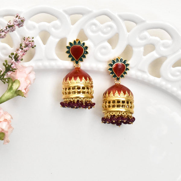 Temple Meenakari Earrings Rust -The Pashm
